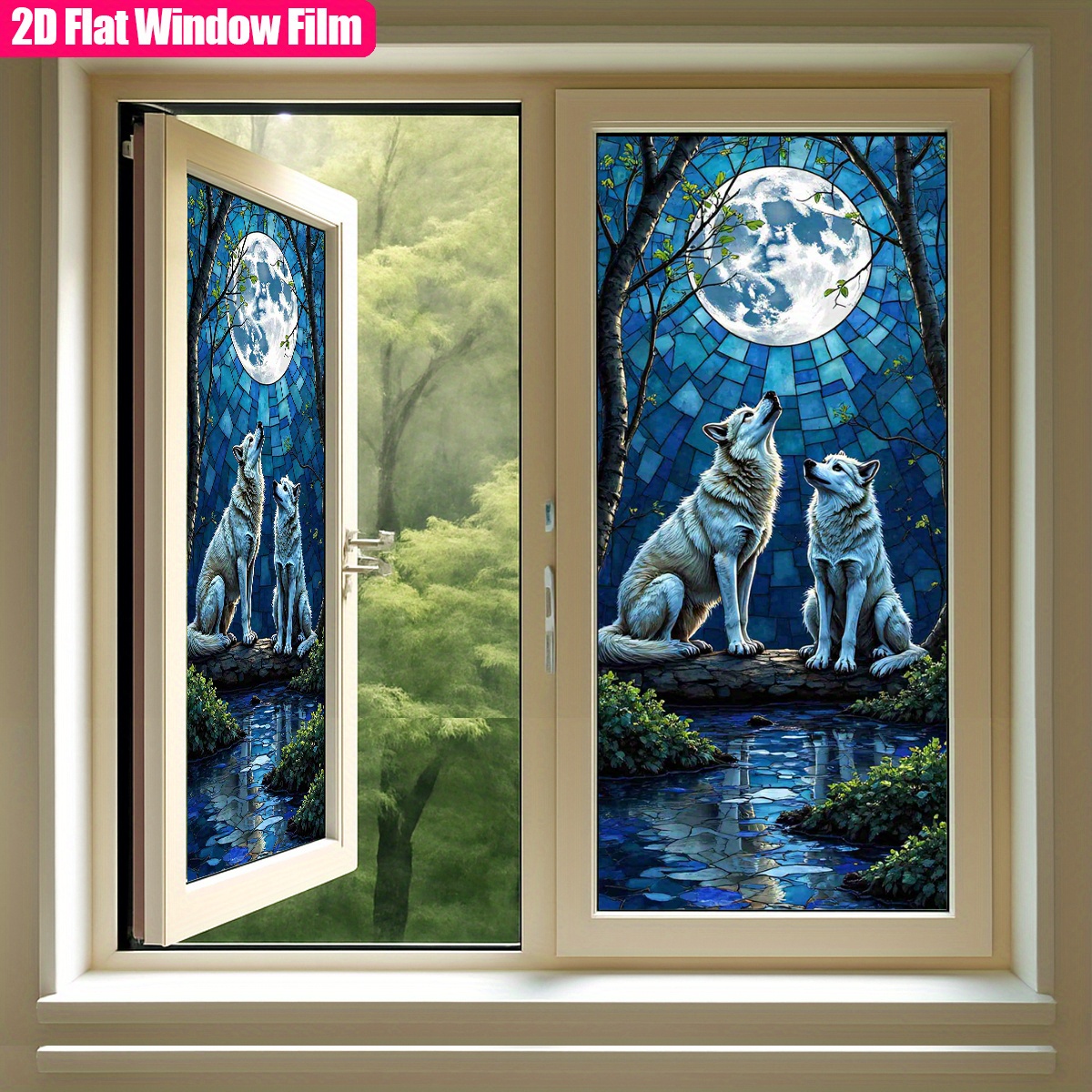 TEMU 1pc Dienalls Wolves Frosted Static Cling Pvc Window Film - Stained Glass Effect, Non-adhesive Decorative Sticker For Night Scene In Bathroom,