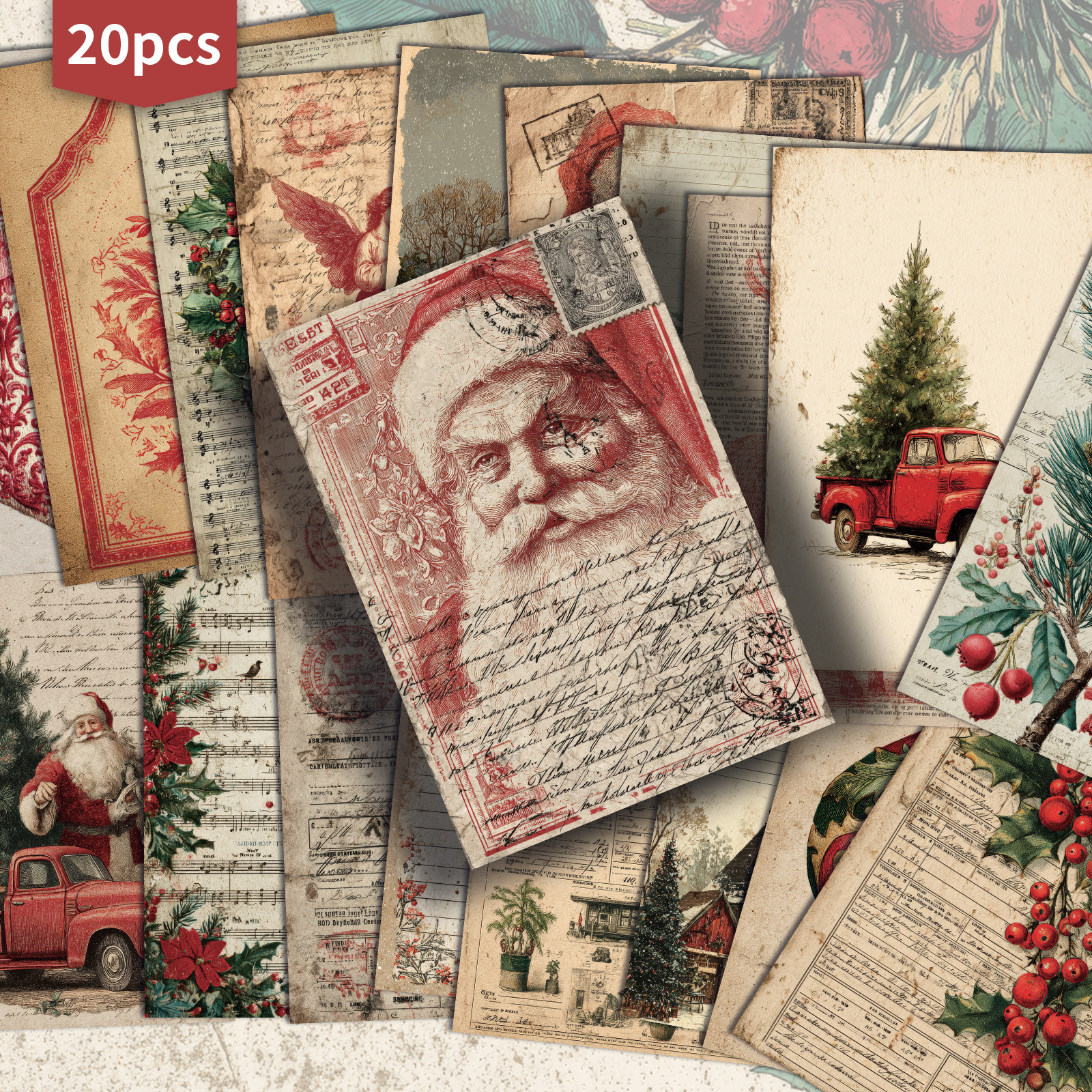 TEMU 20-pack Asstss Vintage Rustic Christmas Gift Cards - 4x6 Inch Retro Pinup & Junk Journal Pages, Collectible Scrapbooking & Crafting Blanks With