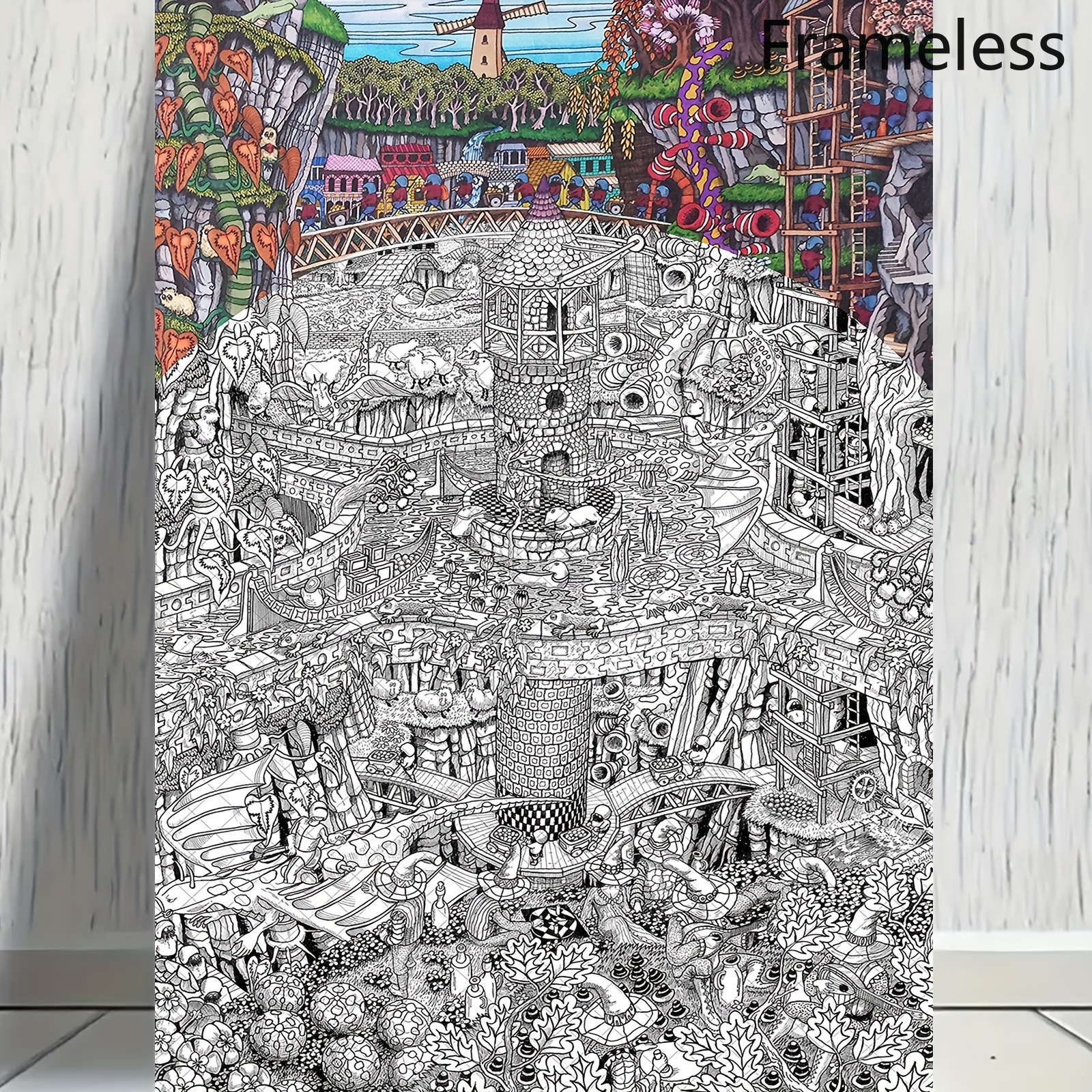 TEMU 2d Flat, 2d Flat, [2d Flat] 1pc Frameless Enormous Coloring Poster - Tower Mine Theme Canvas, Vibrant Fantasy Scene With Castles And Dragons, '