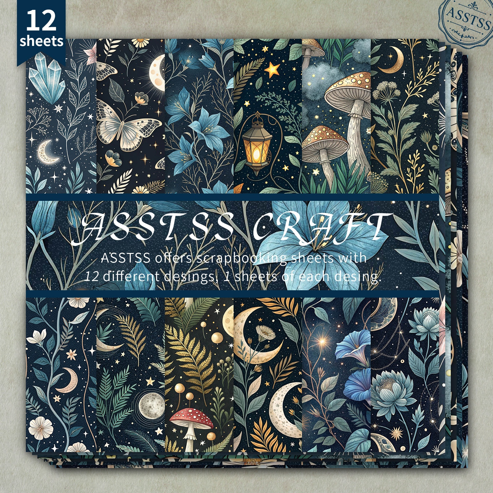TEMU Lot de 12 feuilles de papier scrapbooking ASSTSS de 6X6 pouces, papier de base style vintage nuit étoilée bleu fleur papillon, papier cartonné
