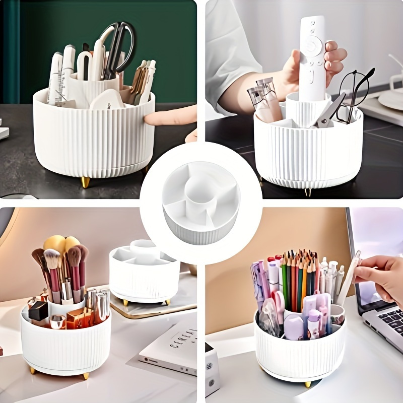 

360° Rotating Organizer 5 Compartments - Countertop Cosmetic Storage , , Plastic Desk Organizer For , Pens, And - No Needed