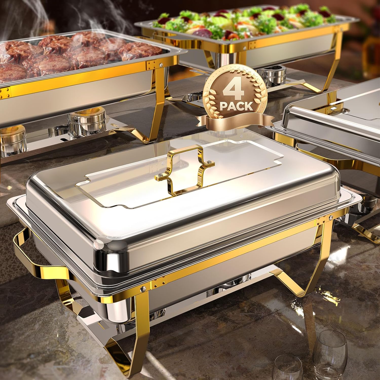 Chafing Dishes For Buffet, 9 Qt Chafing Dish Buffet Set, Rolled- Food Warmers For Parties, Buffet, Wedding, Birthday, Camping 4 Pack 4 Pans (golden), Cooking