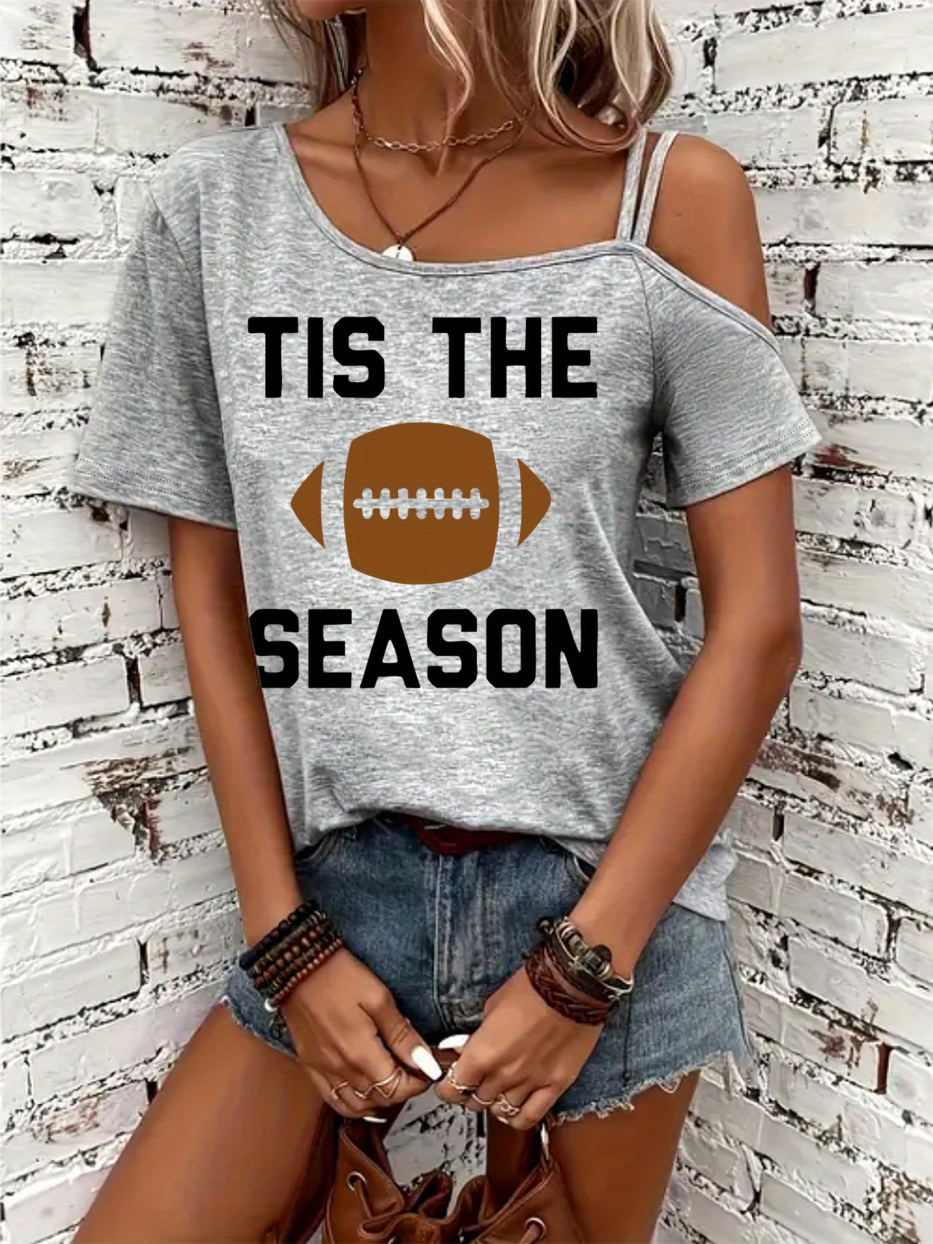 item picture womens   off shoulder slingback t shirt with   football   black v neck short sleeve   casual sporty tee for women sporty top sporty   polyester fabric