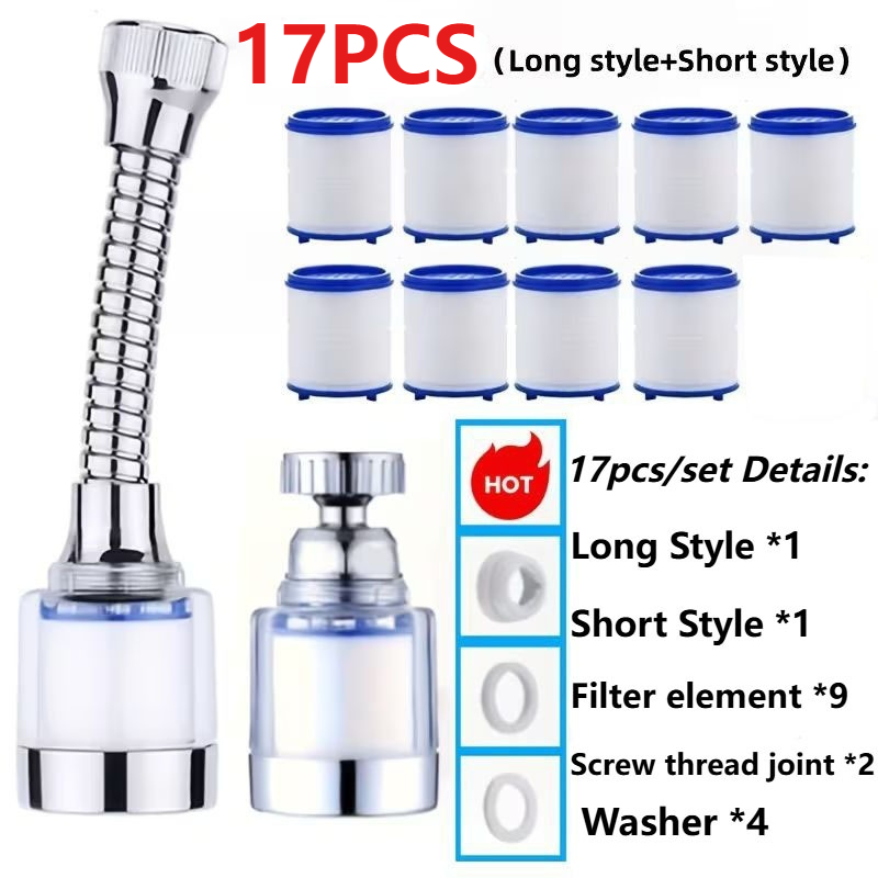 Image of 17pcs[long Style + Short Style] Home Extender, Filter, Extension, 360-degree Rotatable, Splash Proof Shower Filter, , Kitchen Tap Water Booster Extender