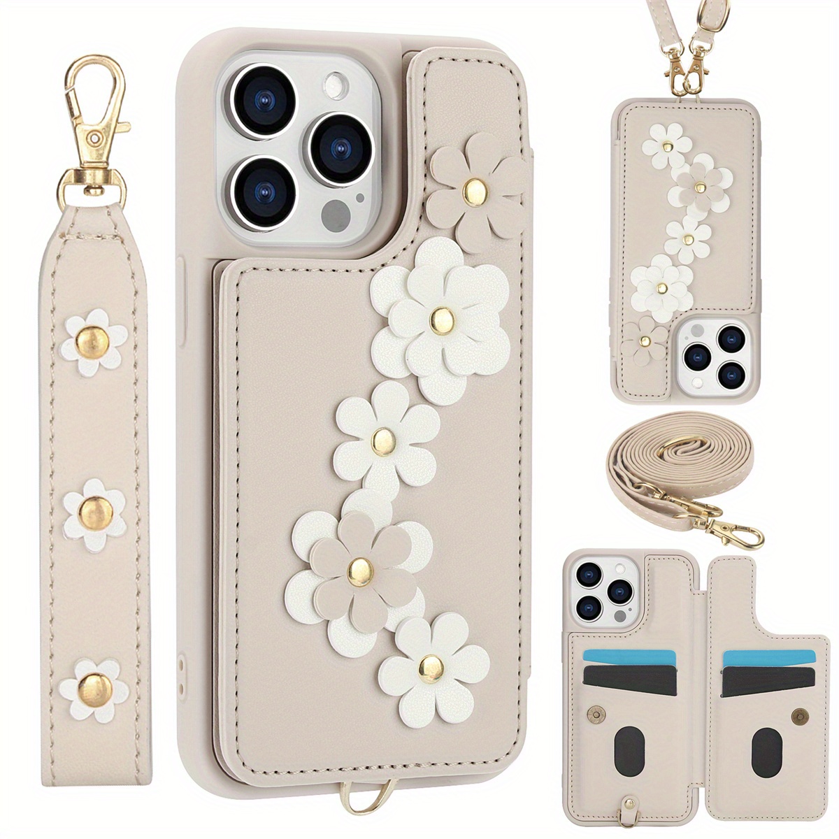 for iPhone 16 15 14 13 12 11 Pro Max 16 Plus 15 Plus 14 Plus SE 2022 SE 2020 7 8 Plus X XS XR XS Max Case, Wallet with Card Holder, Cute Flower Design Crossbody Phone Purse for Women, Magnetic Kickstand Shockproof Cover with Wrist Strap Lanyard Phone Case
