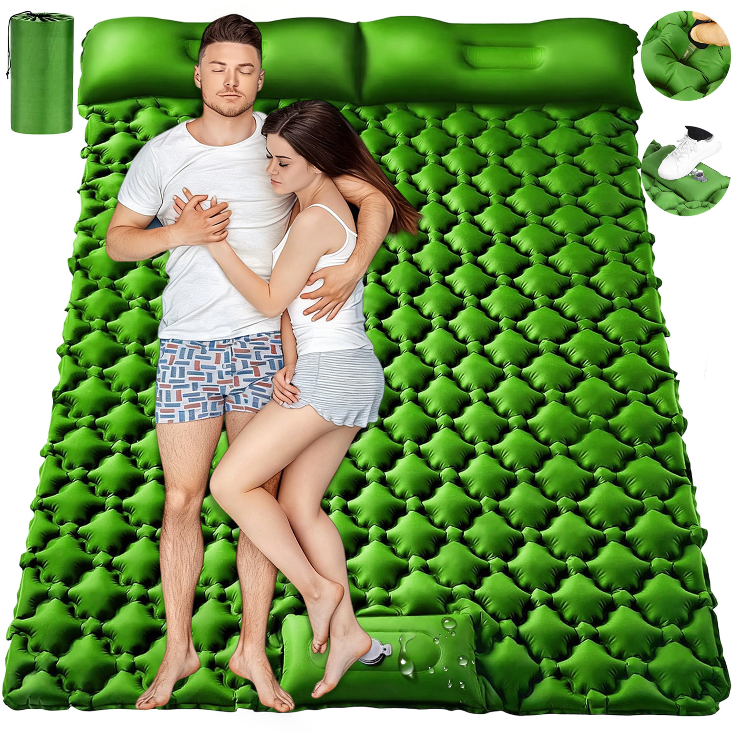 Image of Double Self-inflating Camping Sleeping Mat, Portable Thick Pad With Built-in Pillow And Foot Inflation For Outdoor Hiking Trips