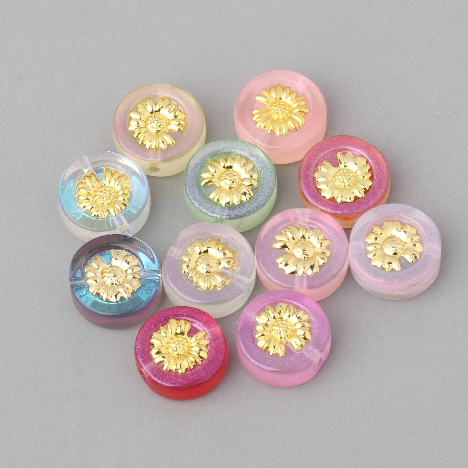 

20pcs/ Lot Glass Sunflower Pattern Beads Flat Round Loose Bead For Jewelry Making, , Bead Bracelet Accessories