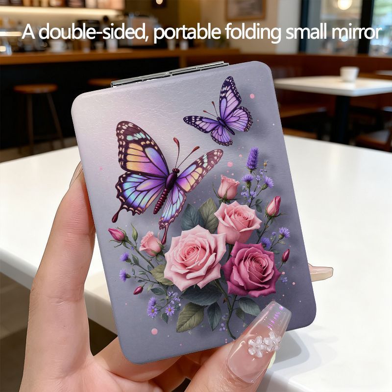 TEMU Rectang Compact Mirror - Double-sided Folding Small Makeup Mirror, Portable Travel Cosmetic Mirror With Fashion , Ideal For Purse, Pocket,