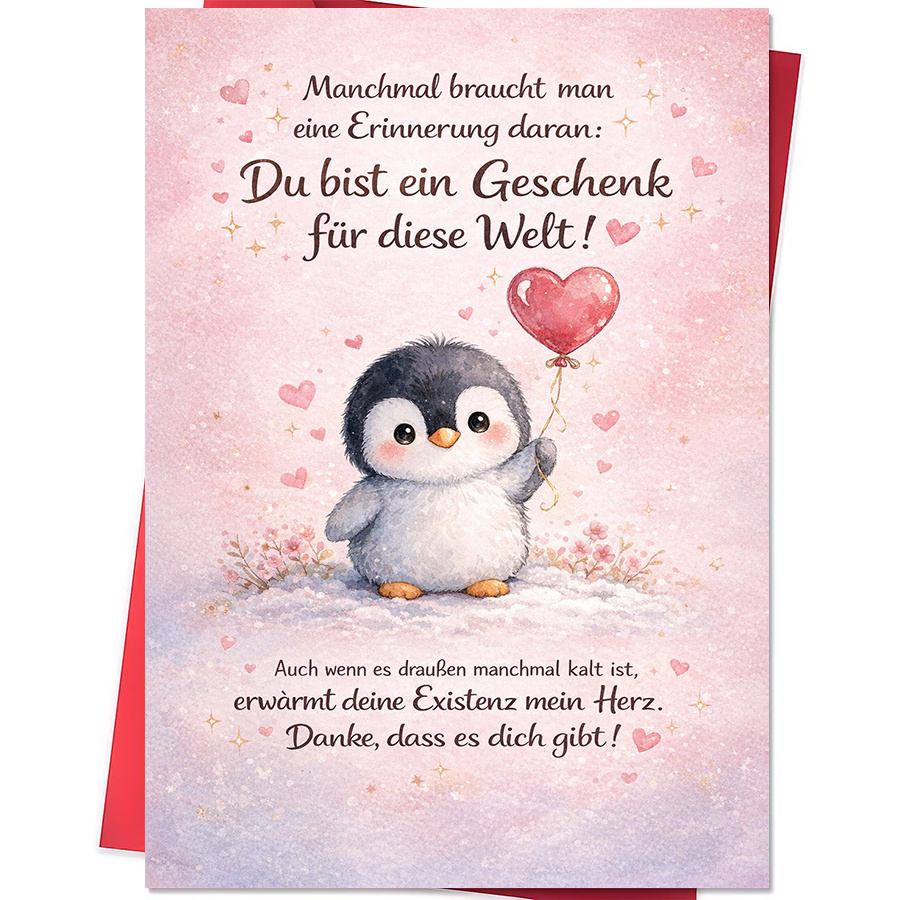 E-shop 1 Grußkarte + 1 Umschlag, . Grußkarte für Freunde, um Wertschätzung Liebe auszudrücken, mit niedlichem Pinguin- herzförmigem Luftballon-Design