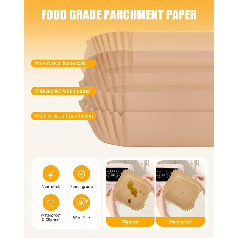 130pcs nonstick air fryer liners for 6-quart & 8-inch fryer - food grade disposable parchment paper baking inserts, bleach-free, easy , compatible with square air fryer, kitchen & restaurant use, air fryer accessories, kitchen essentials, easy liners, durable kitchenware, fryer basket liners & bags Product details 2