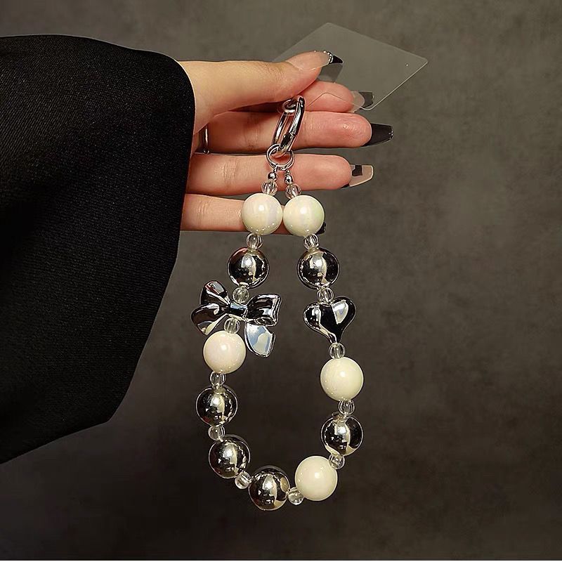 TEMU New Lanyard Ins Silvery Color All-match Beaded Bracelet Universal Phone Electroplated Lanyard Bow Chain Pendant