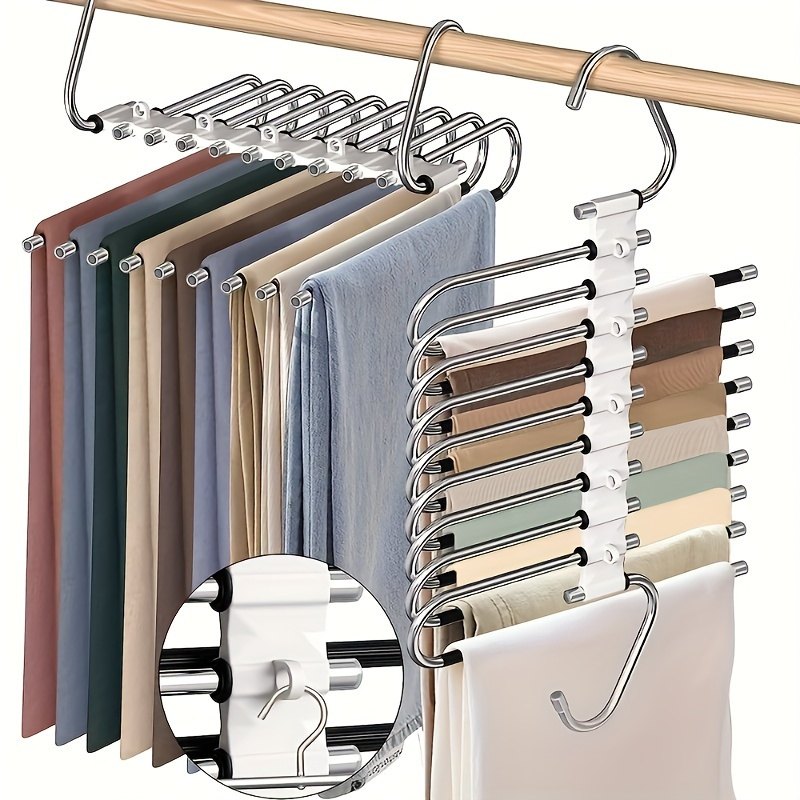 

1pc Stainless Steel 9-layer Pants Hanger With Hooks, Non-slip Coated, Space-saving, Organizer For Jeans, Leggings, Trousers