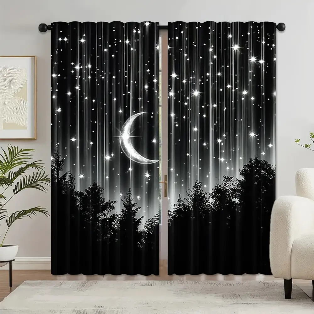 TEMU Rideaux de porte 2 pièces, plats 2D, impression 2D, motif forêt étoilée, nuit et lune - Polyester lavable en machine, design contemporain de