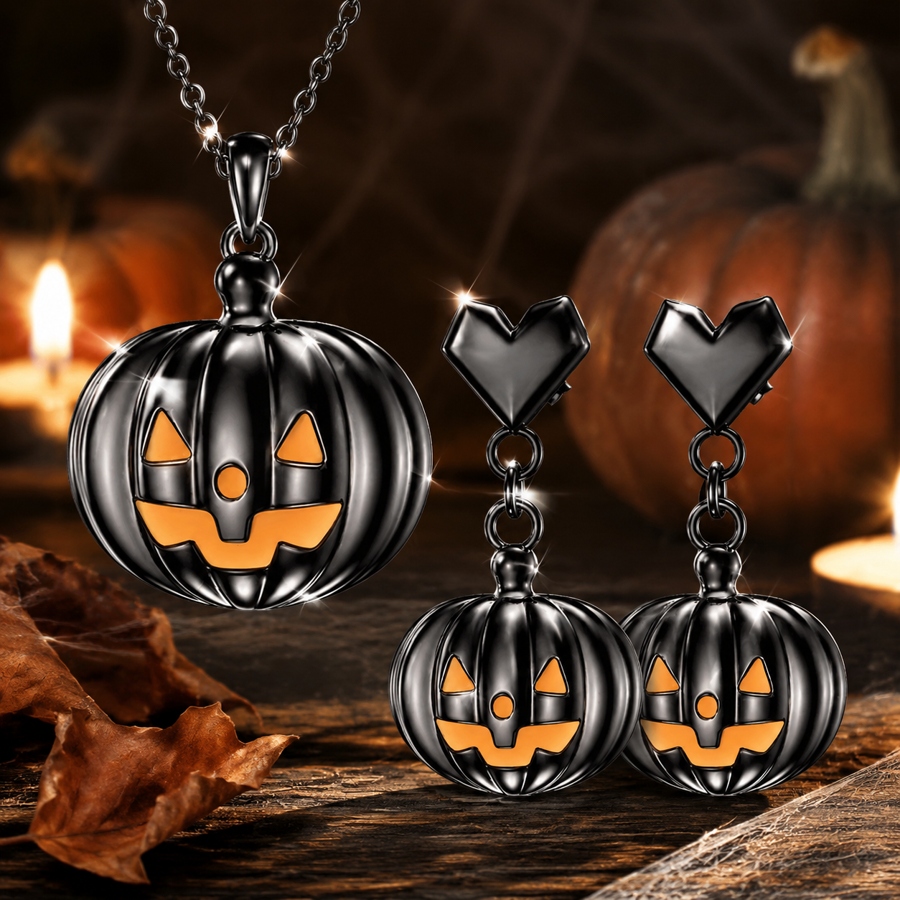 TEMU 3pcs Bling Pumpkin Jewelry For Women - Y2k Chunky Pumpkin Pendant Necklace & Heart Drop Earrings With K Plating, Suitable For Halloween,