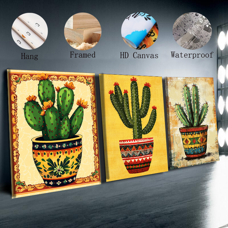 TEMU 3pezzo Set di da Parete a Tela Colorata Cactus - Decorazione in Legno, 12x16.24in, Decorazione per Casa e Ufficio, per Soggiorno, o Accento da