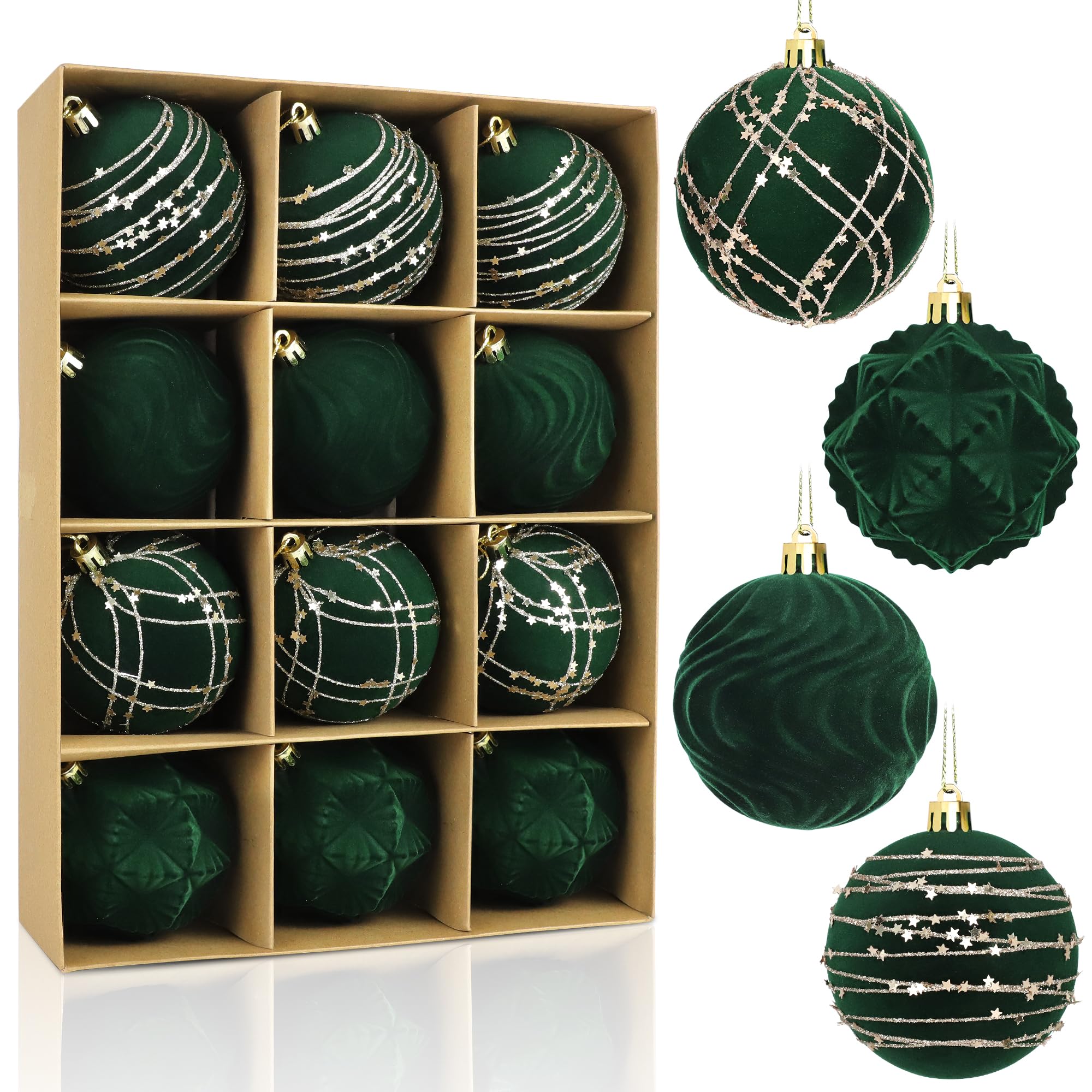 TEMU 12pcs 12pcs Luxury Dark Green Baubles - Elegant Round Plastic/velvet Hanging Ornaments Suitable For Xmas Tree Decorations, Christmas Party, Home