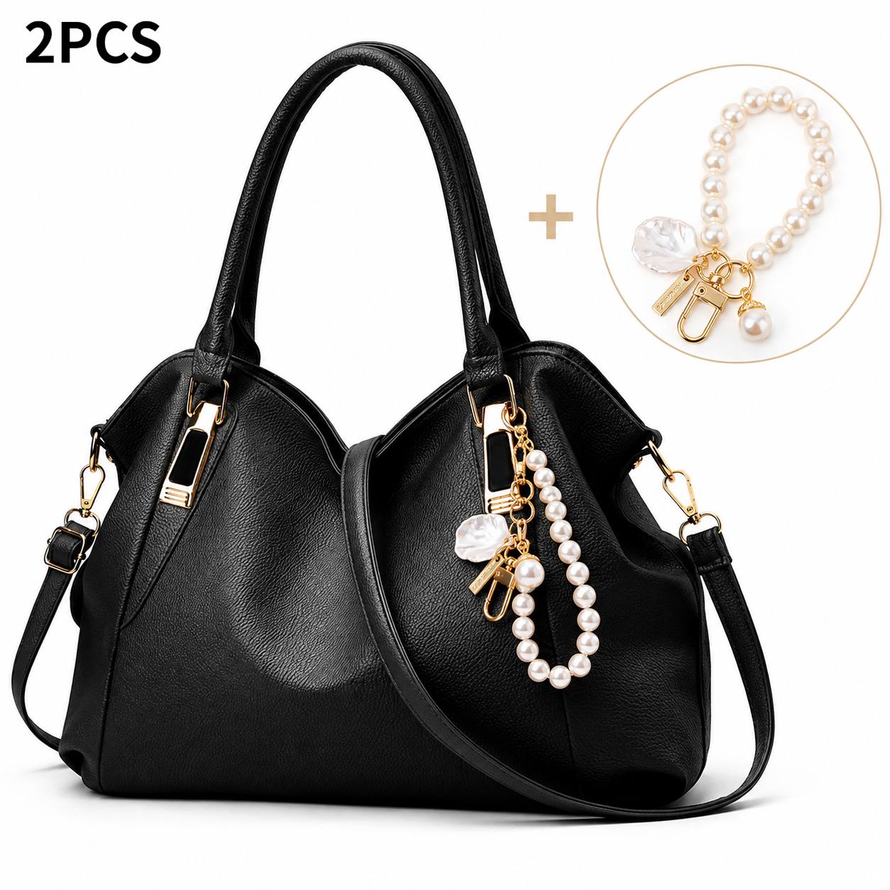 TEMU 2pcs Set (1pc Women's Large Capacity Tote Bag And 1pc Pearl Keychain Pendant), Fashion Shoulder Handbag, With Adjustable Shoulder Strap, Elegant