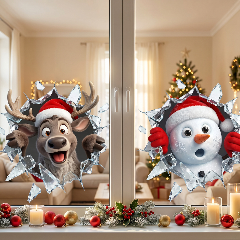 TEMU 2D, 1 juego de calcomanías de ventana 2D - de Navidad de adherencia estática, con diseños de renos y muñecos de nieve asomándose, . Pegatinas de