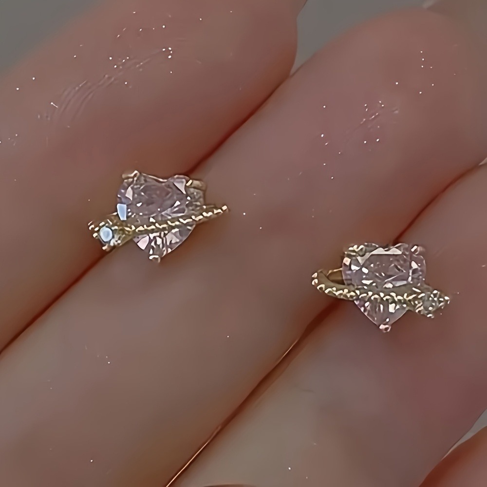 TEMU 2 Elegant Heart-shaped Crystal Earrings - Alloy With Silvery Studs, Japanese & Korean Style, Perfect For Daily Wear, Parties, And Anniversaries, Cute Earrings