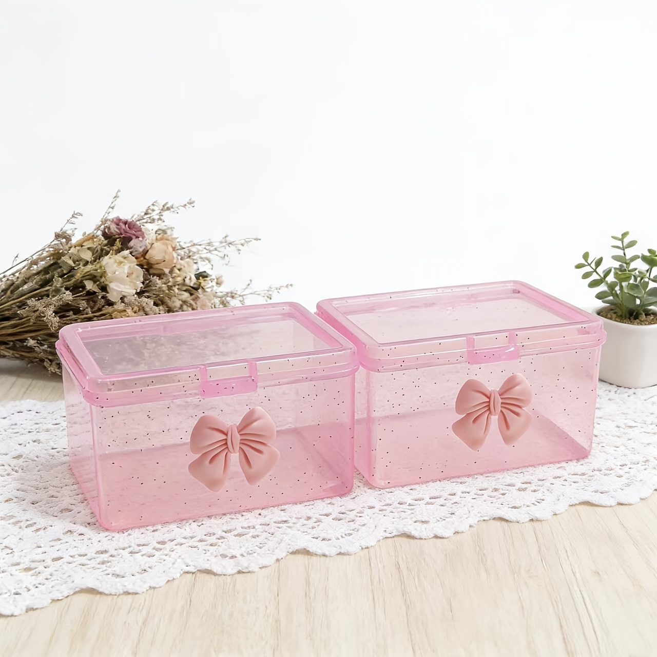 4pcs [2 Storage Boxes + 2 Bows] Easy, High-End, Sweet Dust-Proof Storage Box, Desk Organizer Box, Classified Box with Lid And Dust-Proof Design