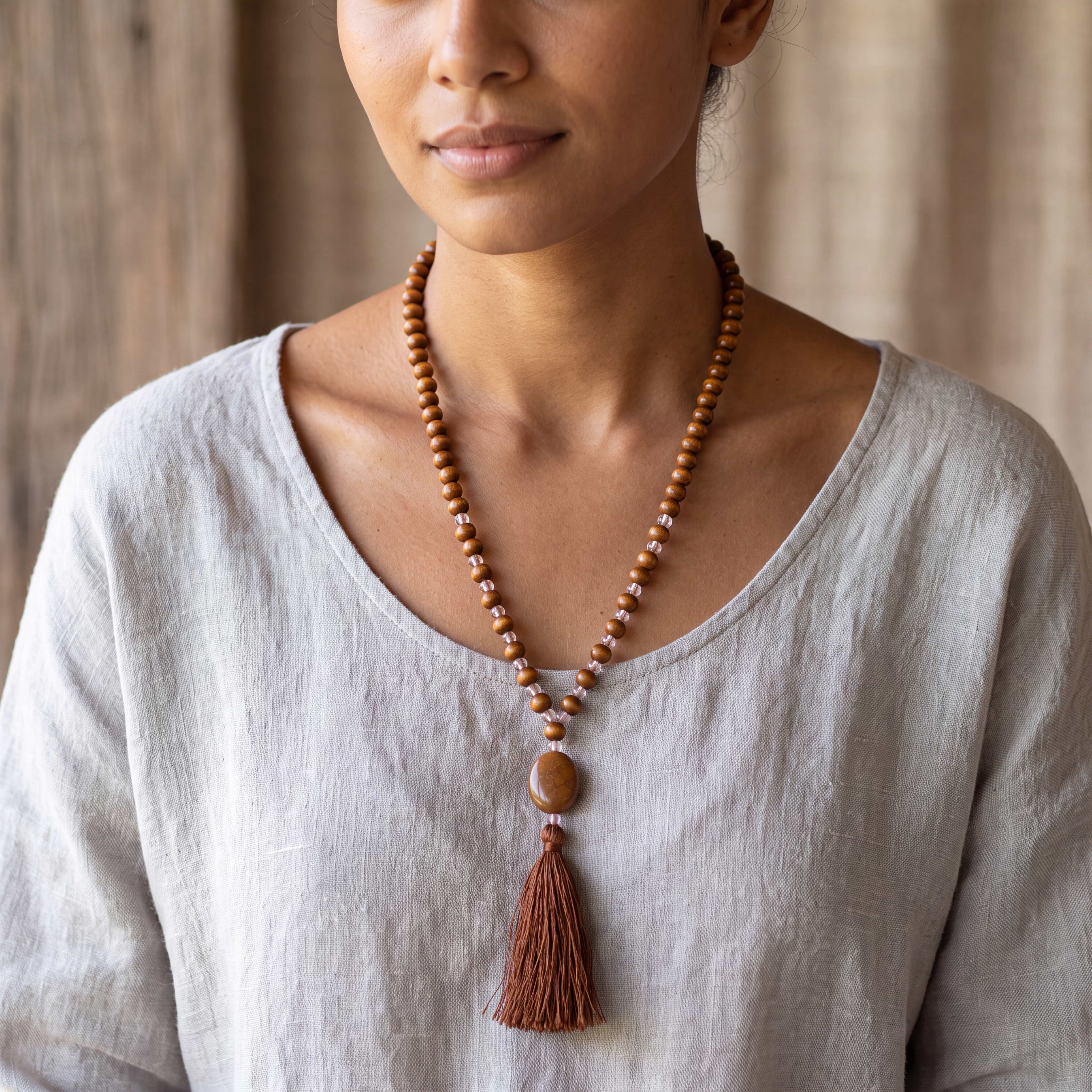 1-Pack Retro Tassel Beaded Long Pendant Neck Chain, Boho Style