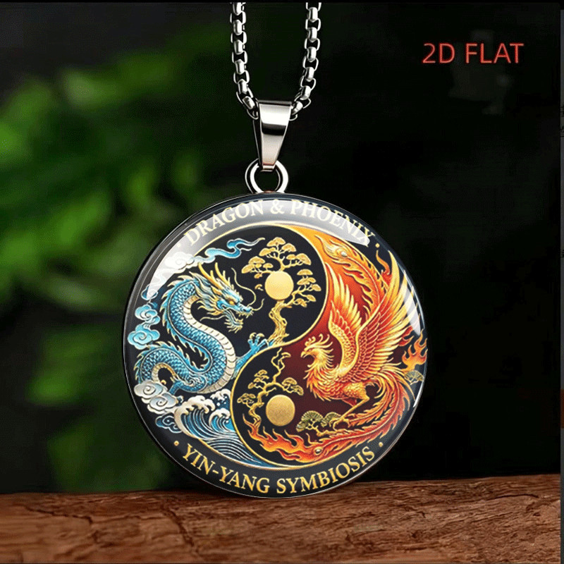 TEMU 1pc 2d Flat, Vintage Dragon And Phoenix Pendant Necklace, A Surprise Gift For Family, , And , A Trendy Accessory Suitable For Daily Wear