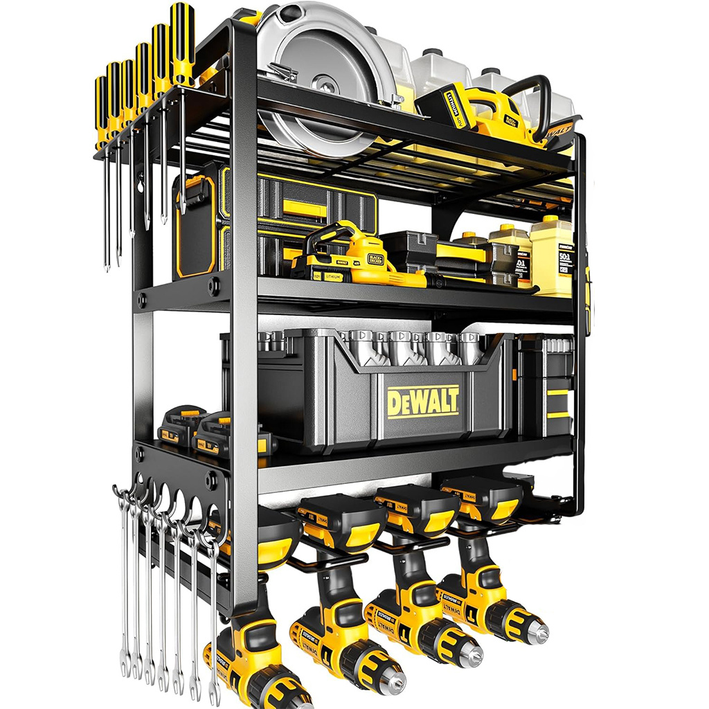 TEMU Large Heavy-duty Wall-mounted Power Tool Organizer Shelf With 8 Cordless Drill Holders & Battery Storage - 4-tier Garage Workshop Storage Rack,