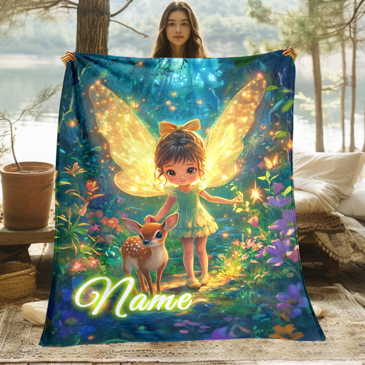 TEMU 1pc Custom Name Fairy With Deer Blanket-lightweight Home Furnishings Bedding Blanket Suitable For Sofas Beds Travel Camping Living Rooms Offices