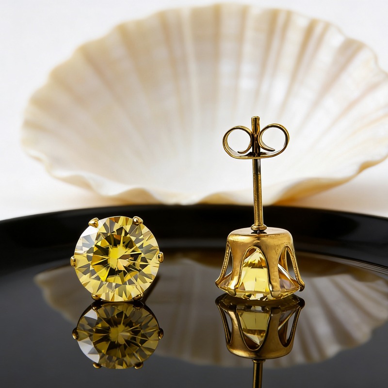 0.5/2.0 Carat Stainless Steel Six-Prong Crown Yellow Moissanite Stud Earrings