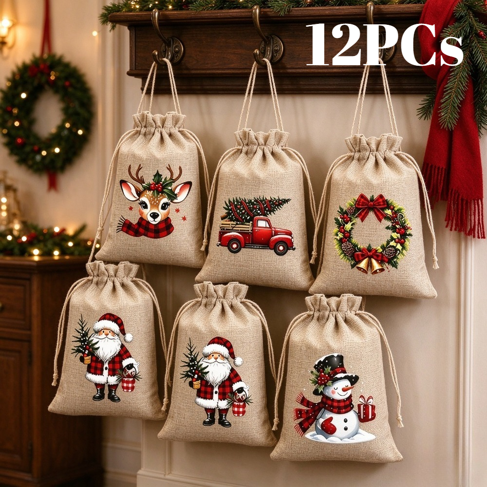 Image of 12pcs Large Christmas Burlap Gift Bags, Reusable Drawstring Bags, 5 Christmas-themed Designs, Perfect For Small Christmas Party Gifts, Birthday Presents, And Christmas Tree Decorations