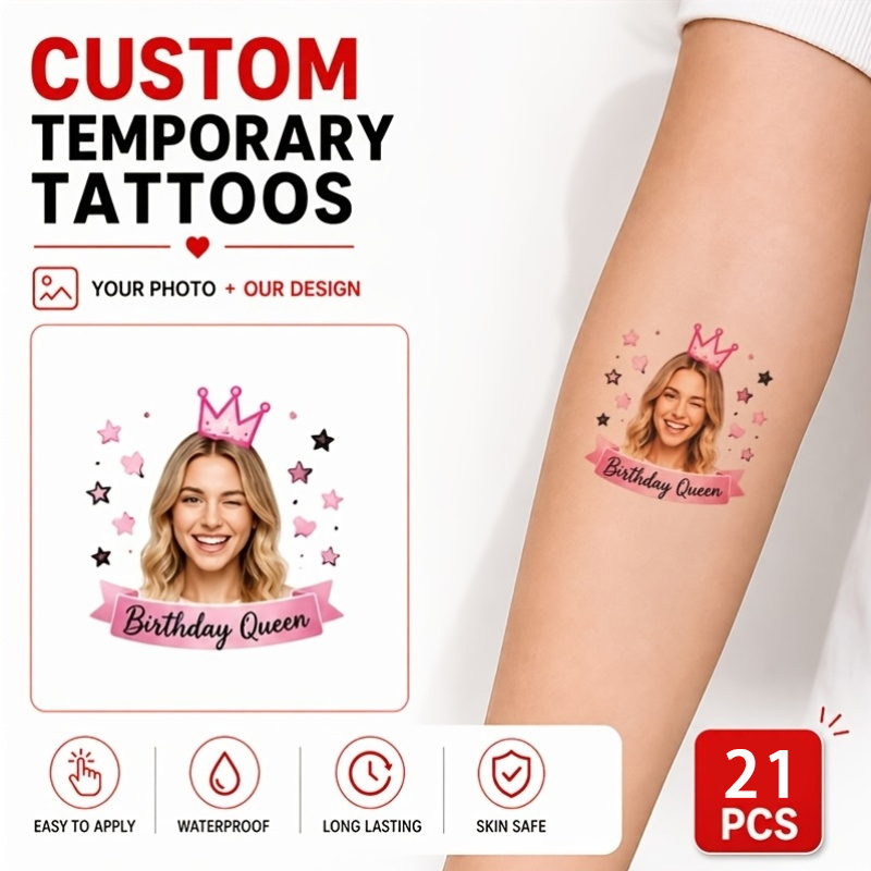TEMU 21 tatuajes personalizados, de chica con corona y estrellas, pegatinas de tatuajes temporales, diseño de foto personalizado, diseño realista,