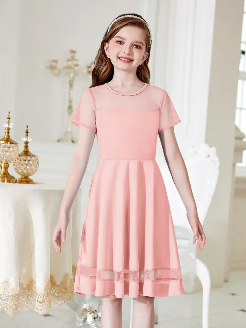 Tween Girls Dress Formal Contrast Mesh Short Sleeve A Line Party Dresses with Pockets for 5-12 Years Tween Girls Dress Formal Contrast Mesh Short Sleeve A Line Party Dresses with Pockets for 5-12 Years