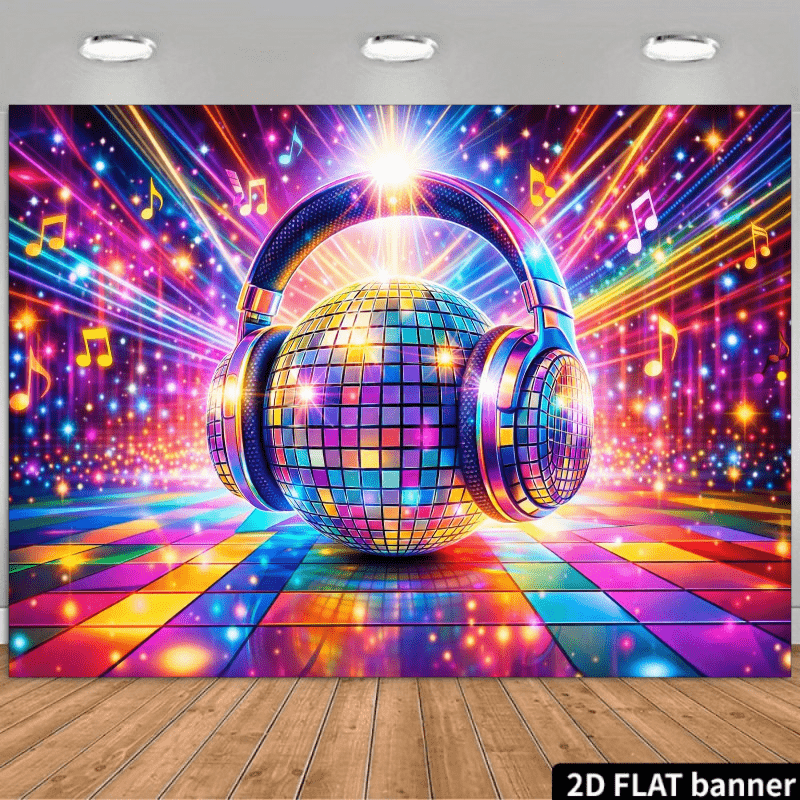 TEMU 2d Flat Ballroom Backdrop Featuring A Giant Colorful Disco Ball Hanging In , Surrounded By Flashing Neon Light Strips, Colorful Musical Notes,