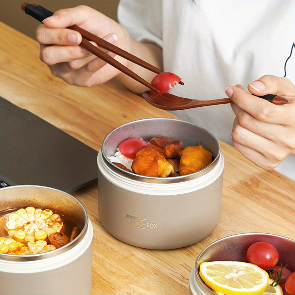 6pcs set 304L stainless steel insulated lunch box with storage bag and cutlery, portable double-layer covered lunch box, office student sealed lunch box,back to school