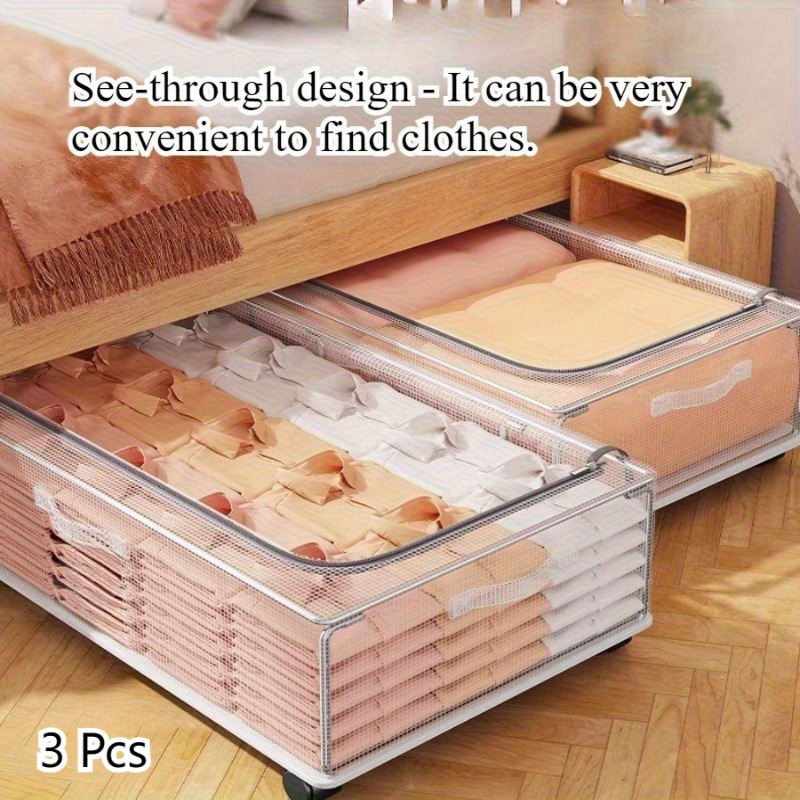 Set of 3 Transparent Under Bed Storage Boxes with Wheels