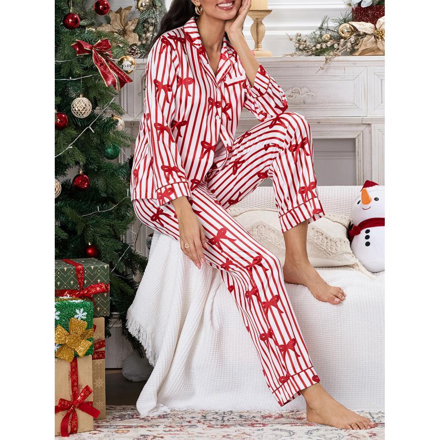 

Womens 2pcs Christmas Pajama Sets Long Sleeve Stripes Print Button Up Shirt + Pants Set Loungewear