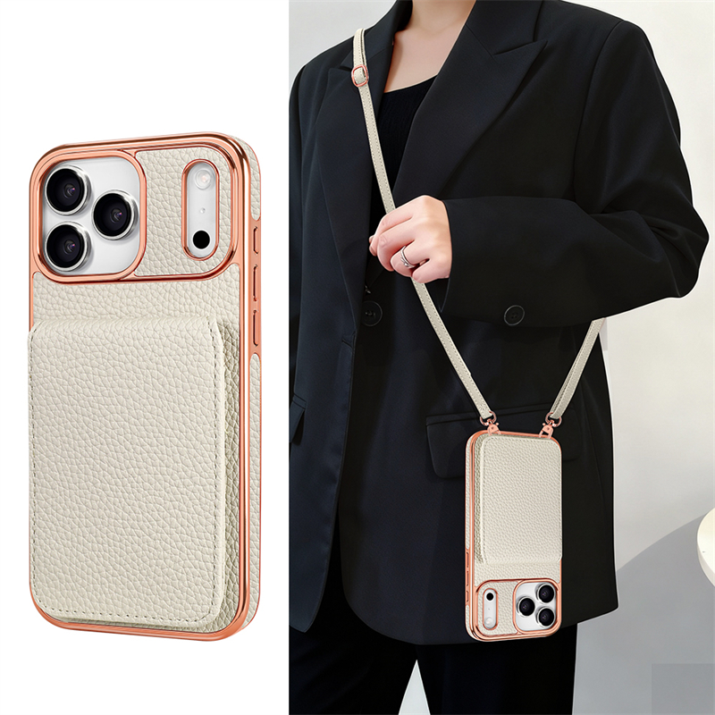 Phone Case: Business PU Lychee Texture Flip Cover Card Holder with Multiple Card Slots, Stand Function, Crossbody Strap, and Full-Body Protective Case with Plated Frame for Apple iPhone 17 Pro Max/17 Pro/17 Air/17