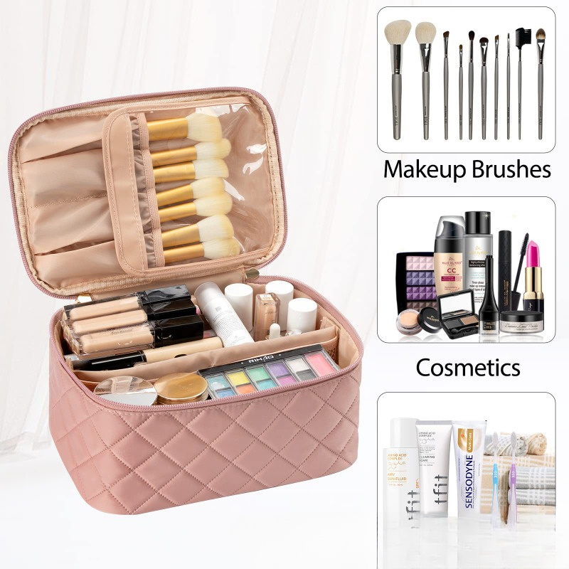 

Luxury Makeup Bag, Multi-functional & Portable, Unscented Cosmetic Organizer For Travel & Home Use, Elegant Quilted Design With Handle