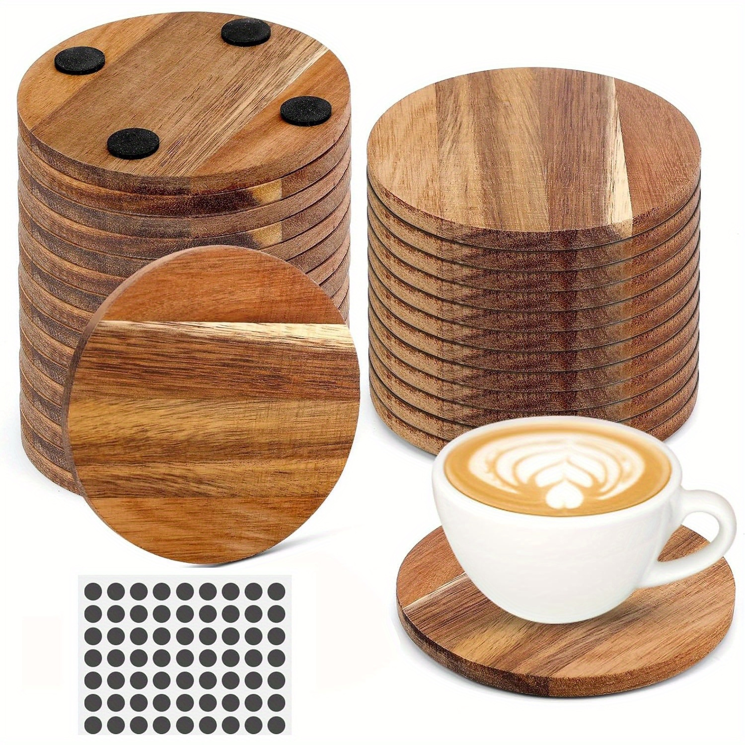 

26pcs Wood Coasters Round Wooden Coasters For Drinks Coffee Table With Non-slip Pad Cup Coasters For Coffee Home Kitchen