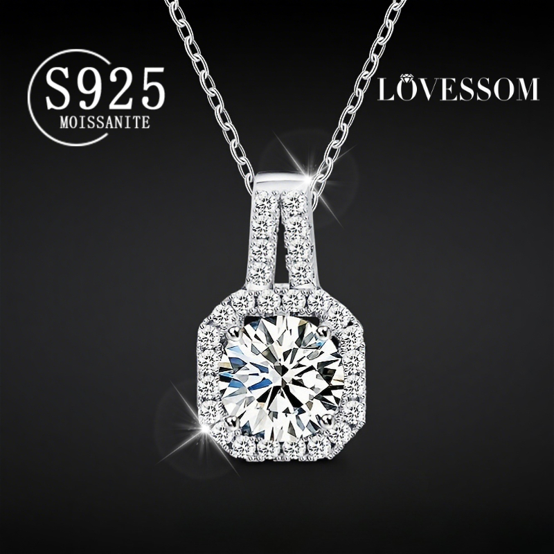 A 925 Silver Princess-cut Moissanite Pendant Necklace with a 1-2 Carat Stone, Featuring a Prong Setting. This Unisex Collarbone Chain Is Perfect as a Valentine's Day Gift for Men and Women, Couples, or as a Present for Weddings, Vacations, Dates