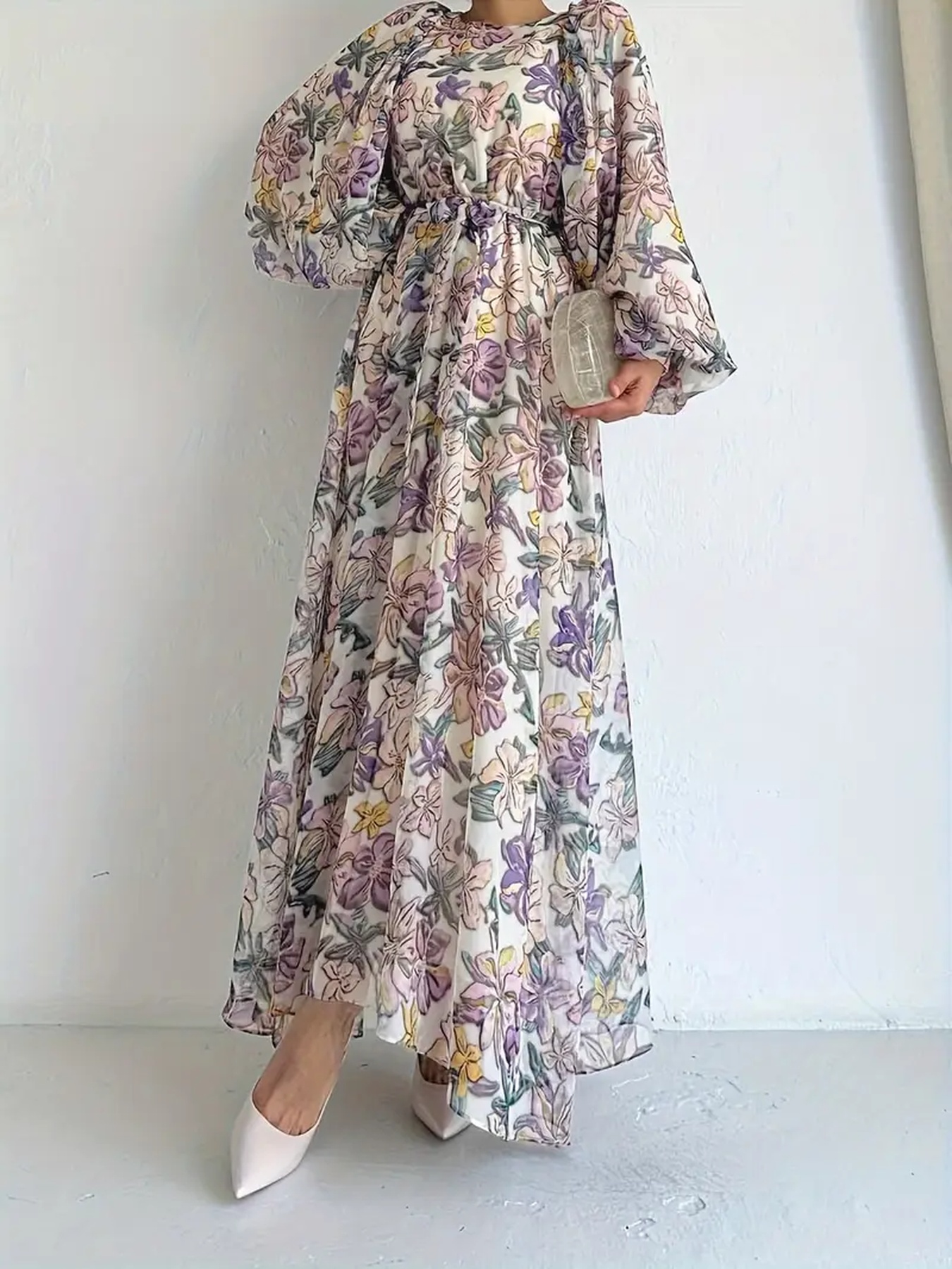 womens elegant belted maxi dress puff sleeve modest neckline - Temu Bahrain