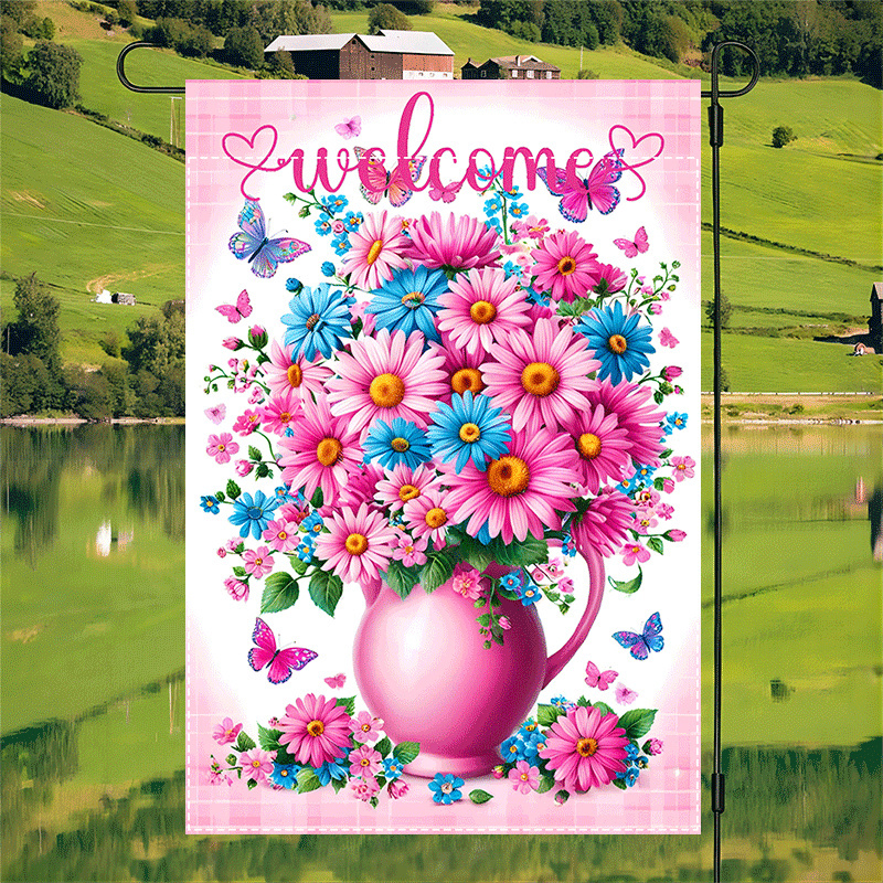 

1pc Double-sided Waterproof Burlap Garden Flag With Vase Design, Ideal For Outdoor Patio & Party Decoration, 12x18 Inch, Garden Flag