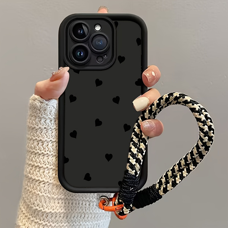TEMU Phone Case - Black Tpu Full-screen Heart Pattern Phone Case With Zebra Print Wrist Strap, Suitable For