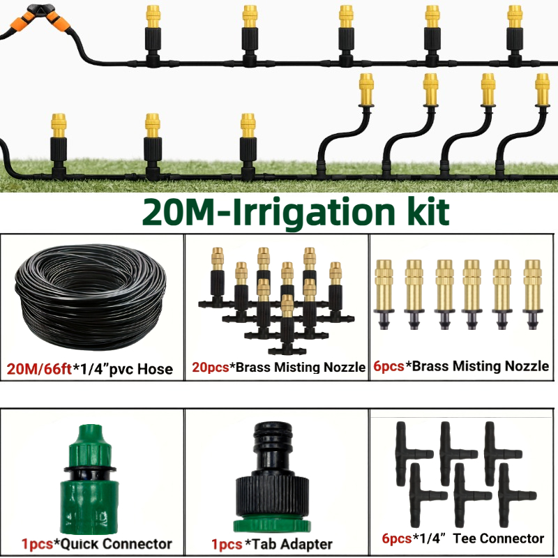 TEMU Système de brumisation extérieur de refroidissement 10M-30m pour irrigation et arrosage de jardin, buse atomiseur pouce, tuyau 4/7 mm pour
