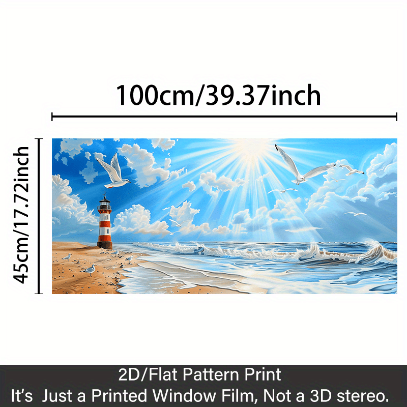 TEMU 1pc, 2d Flat Ocean-themed Seagull Lighthouse Pattern Colored Glass Window Film, Suitable For Pvc Electrostatic Cling Decoration On Glass Doors