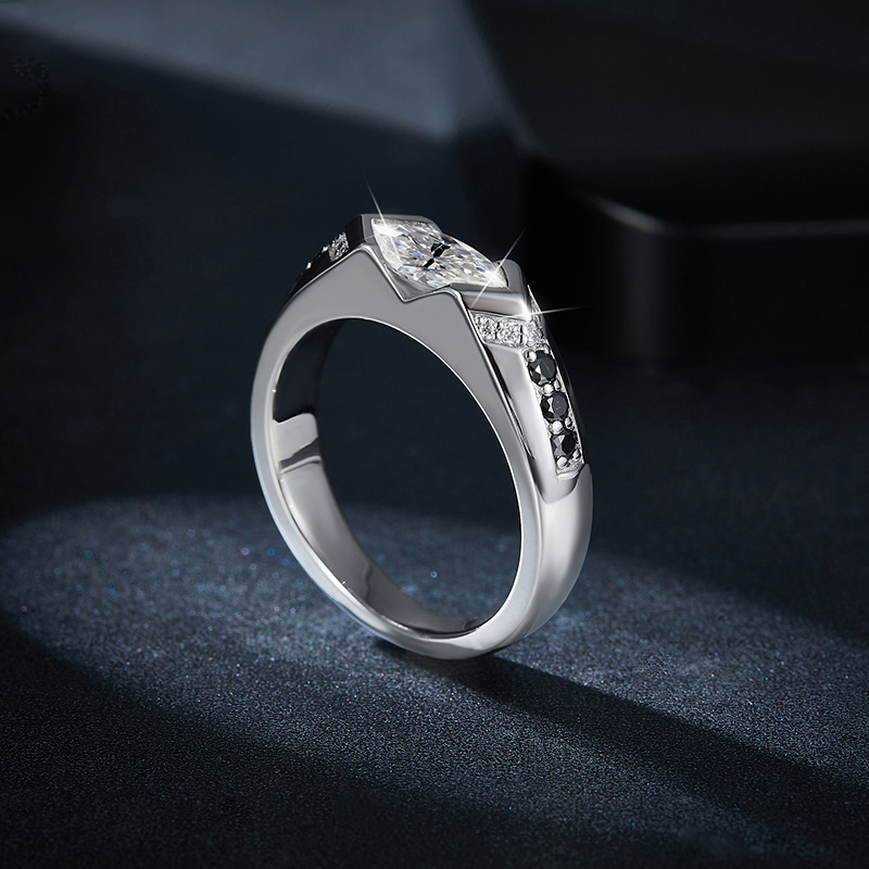 Elegant 5x10mm Black and White Moissanite Ring, 18k Golden Plated