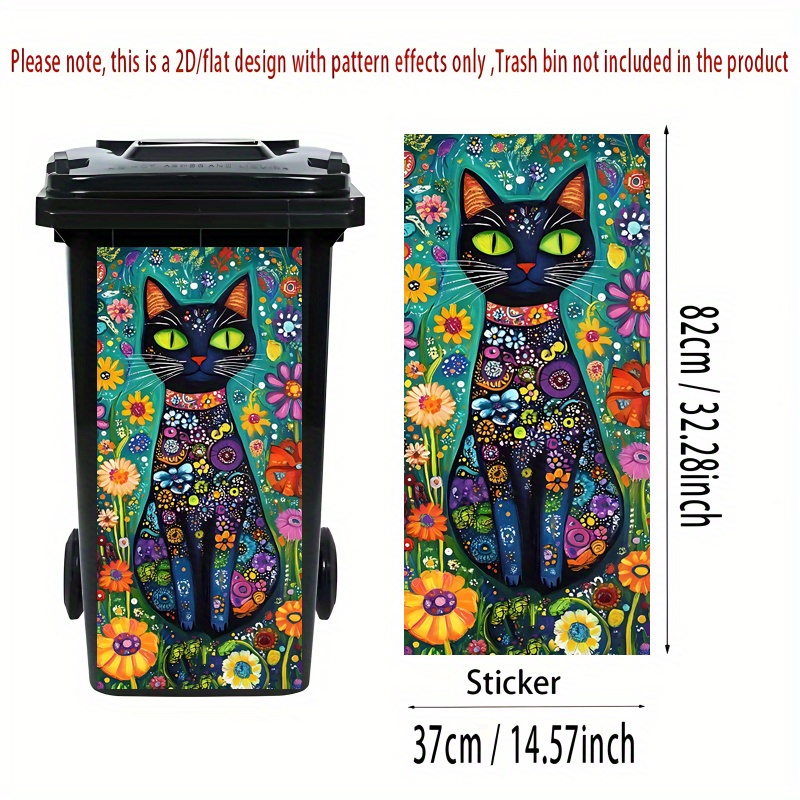 Image of 2d Flat Printing 1pc Trash Can Sticker, 37×82cm - Colorful Cat And Floral , Self-adhesive Wallpaper Decoration For Kitchen Garbage Bins, Walls, Home Decor, 2d Flat