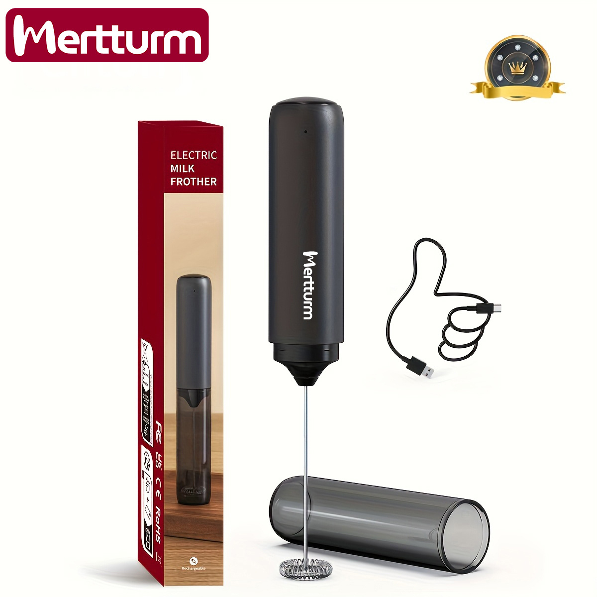 Image of Rechargeable Handheld Milk Frother With Lid | Electric, Suitable For , Cappuccino, And Hot Chocolate, Charging, Lithium Battery, Plastic Material