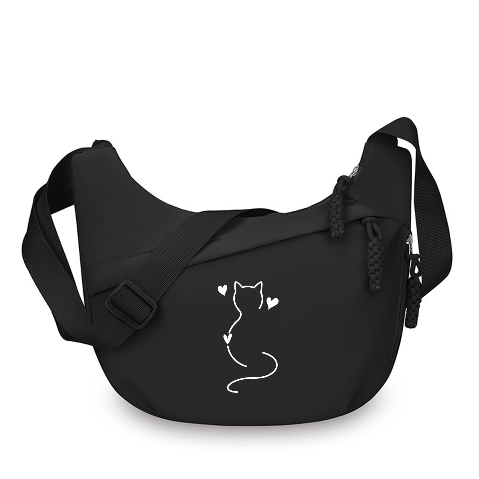 TEMU Women's Bag With Cat Silhouette Print, Large-capacity Crossbody Bag Featuring A Double-layer Zipper Design, Side Zipper Pocket, And Adjustable
