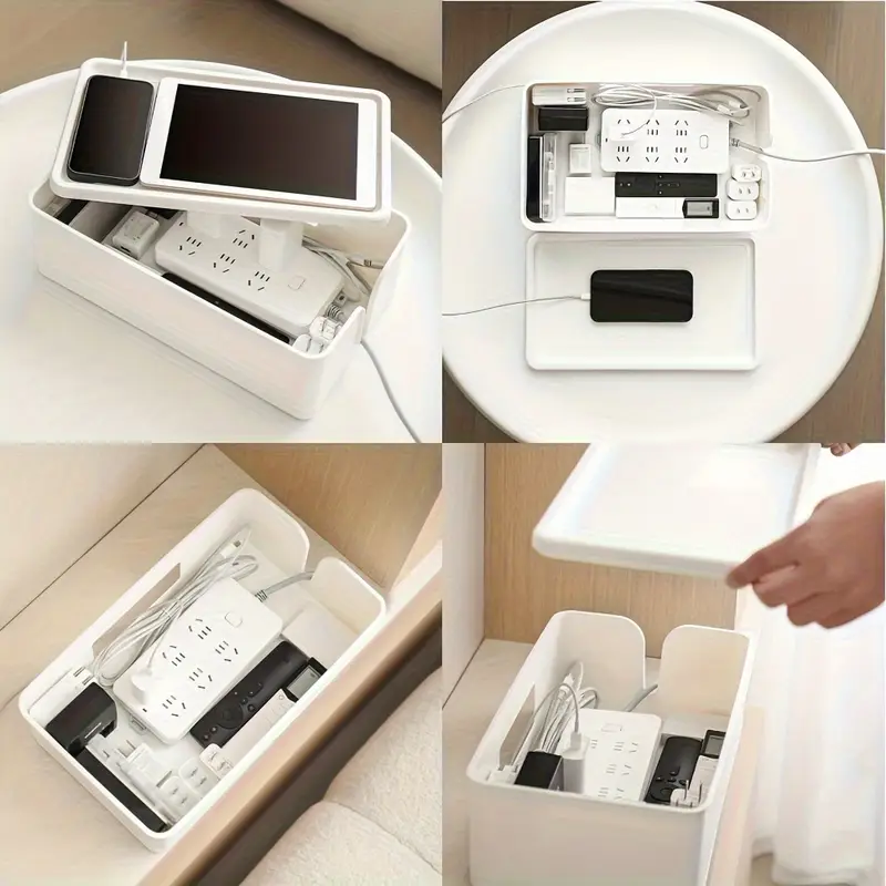 durable pvc multi compartment cable organizer white office desk power management drawer home charger electronic accessories storage box Product details 2